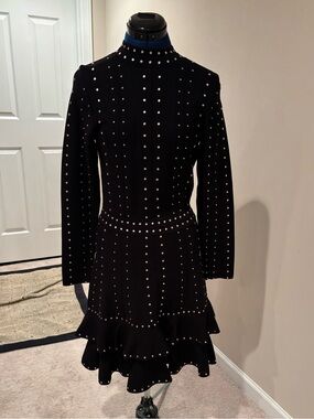 Sandro Black Studded Long-Sleeve Ruffle Dress